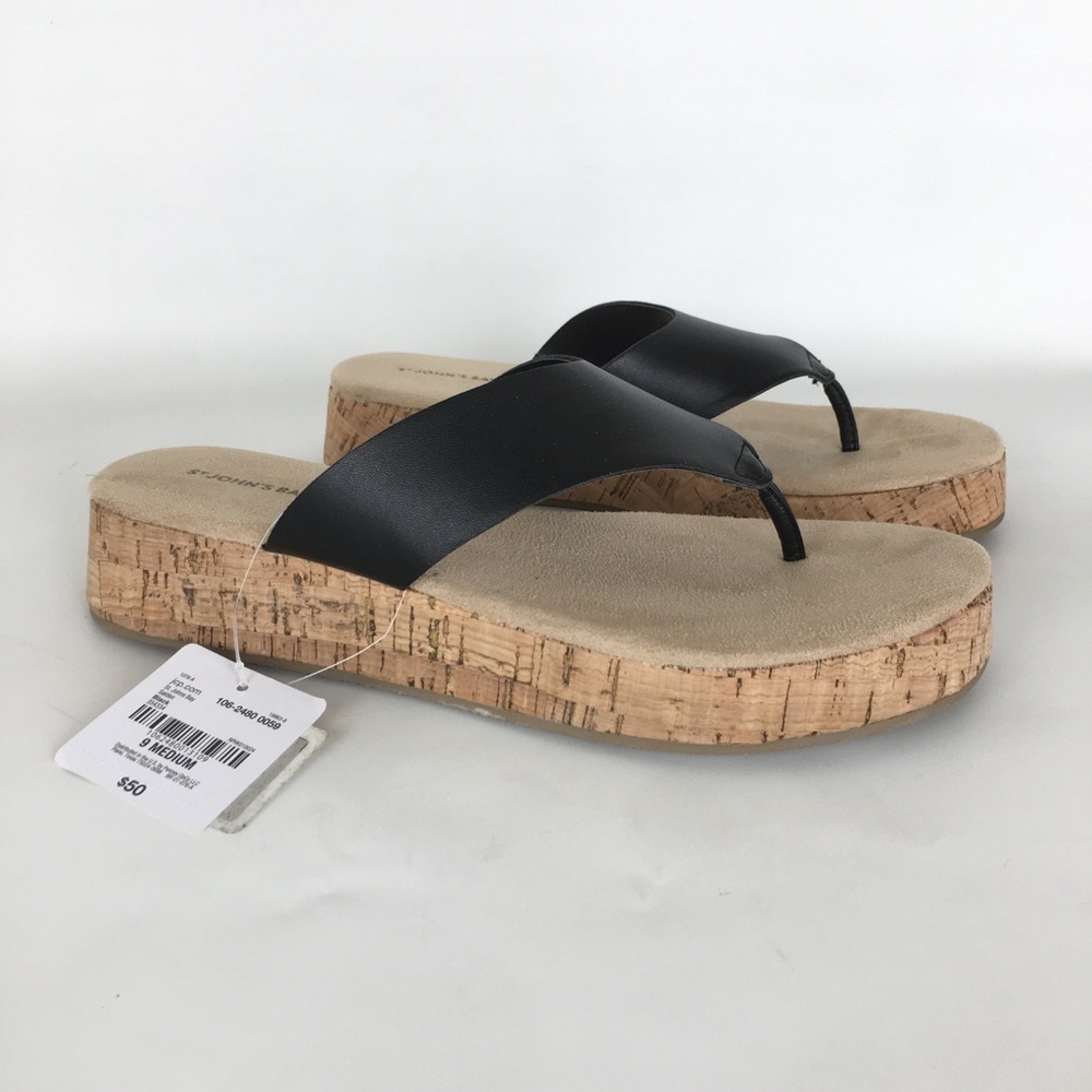 St John's Bay Flip Flop Sandals Chunky Platform Cork Wedge Women’s 10 Black NEW